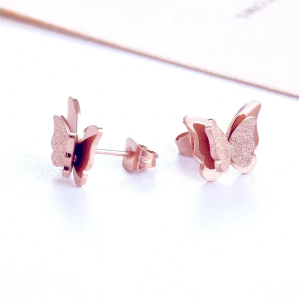 New 14k Rose Gold Over Sterling Silver Double Butterfly Studs